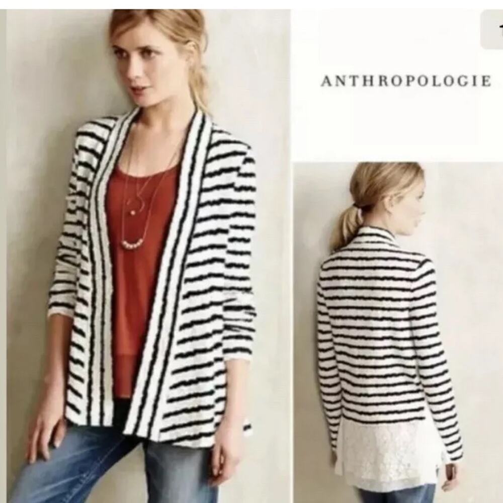Anthropologie Postmark Navy/Cream Striped Lace Cardigan